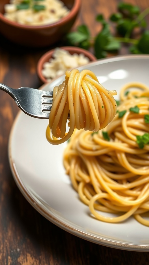 A delicious serving of spaghetti aglio e olio with garlic, olive oil, and parsley on a rustic wooden table.